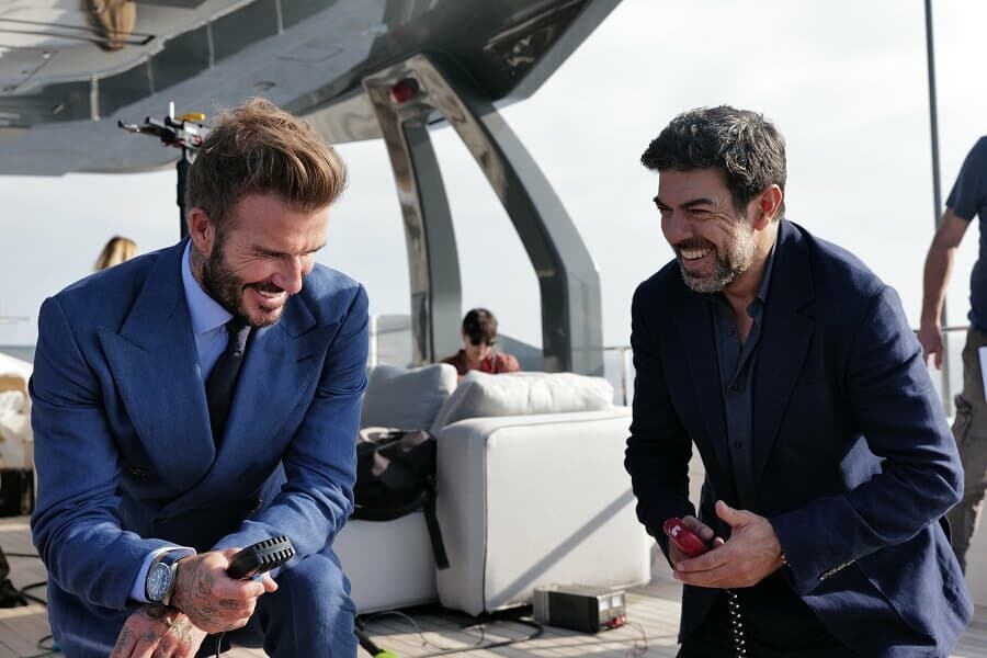 Beckham et Favino pendant le tournage