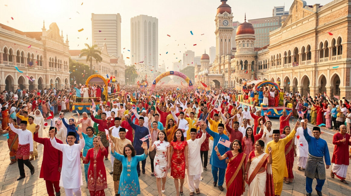 Une foule joyeuse célébrant Merdeka devant le bâtiment Sultan Abdul Samad à Kuala Lumpur sous une pluie de confettis.