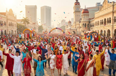 Une foule joyeuse célébrant Merdeka devant le bâtiment Sultan Abdul Samad à Kuala Lumpur sous une pluie de confettis.
