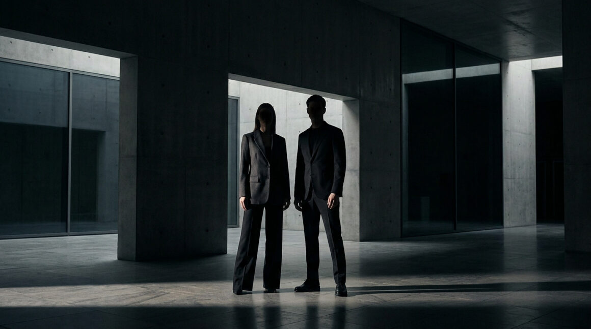 Silhouette d'un homme et d'une femme en costume sombre dans une architecture minimaliste en béton.