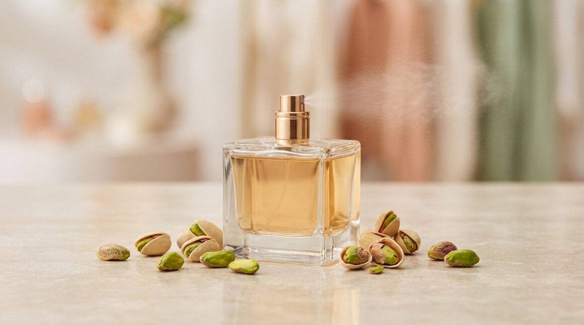 Un flacon de parfum carré vaporisant une brume, entouré de pistaches fraîches sur une surface en marbre.