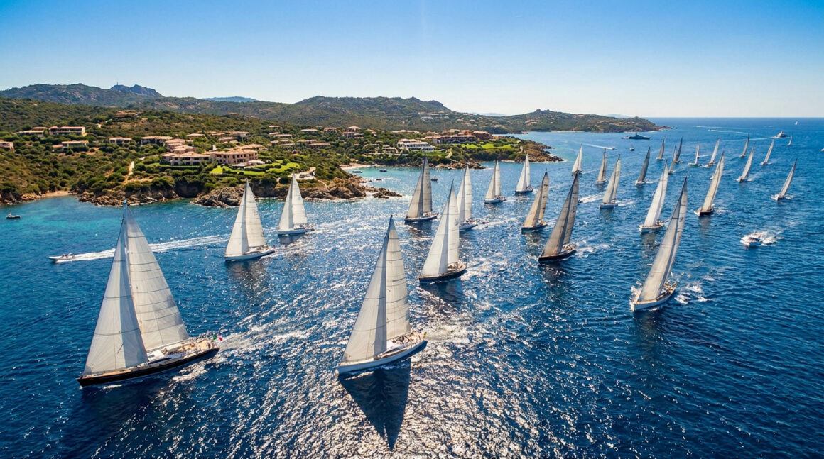 Vue aérienne d'une flotte de voiliers lors de la Rolex Swan Cup naviguant au large des côtes de Porto Cervo en Sardaigne.