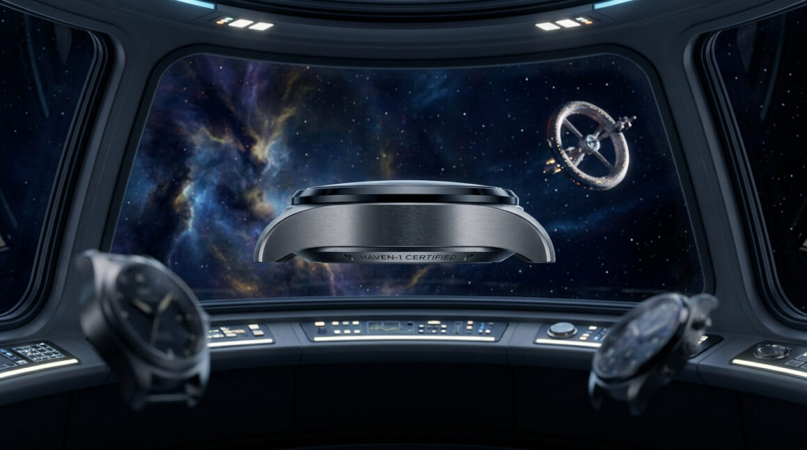 Trois montres IWC flottant dans le cockpit d'un vaisseau spatial avec une vue sur une nébuleuse et une station spatiale.