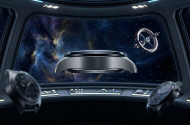 Trois montres IWC flottant dans le cockpit d'un vaisseau spatial avec une vue sur une nébuleuse et une station spatiale.