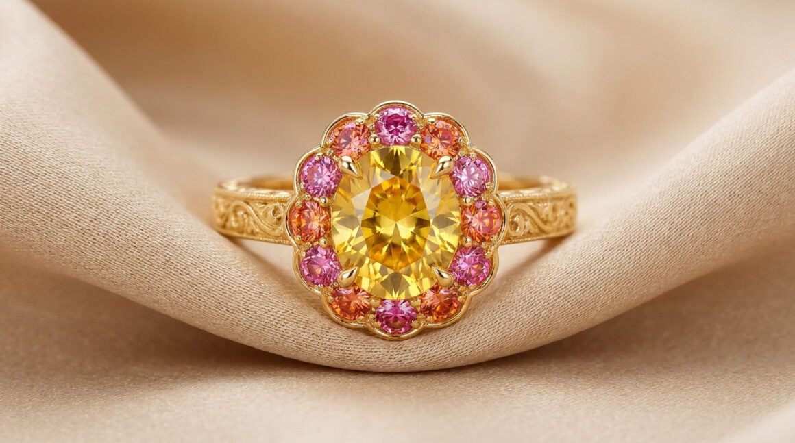 Bague en or gravé avec un saphir jaune ovale entouré de petites pierres roses et orange sur un tissu beige satiné.