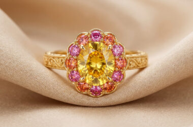 Bague en or gravé avec un saphir jaune ovale entouré de petites pierres roses et orange sur un tissu beige satiné.
