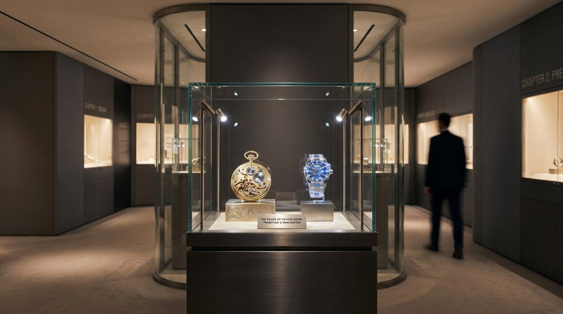Vitrine d'exposition Audemars Piguet présentant deux montres historiques dans un espace muséal moderne à Singapour.