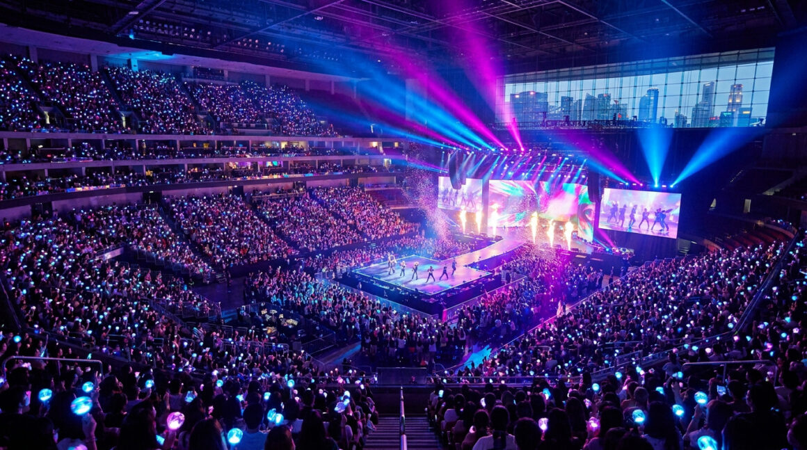 Vue panoramique d'un concert d'EXO avec une foule tenant des bâtons lumineux et une scène illuminée de néons.