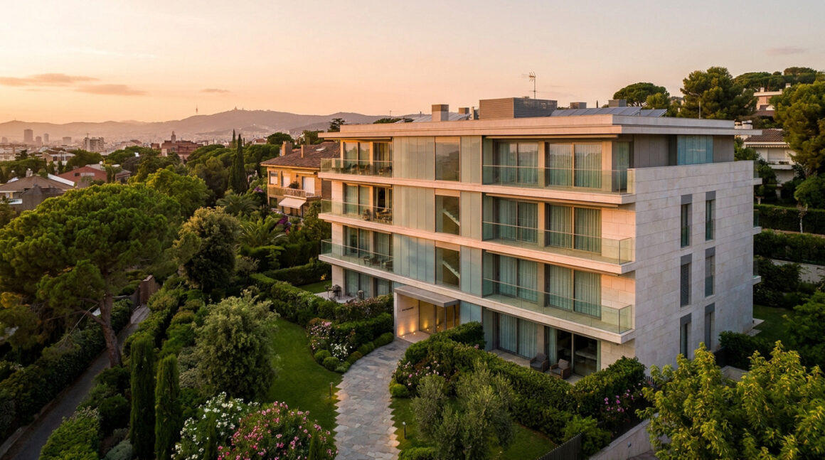 Résidence moderne de luxe entourée de jardins à Barcelone au coucher du soleil.