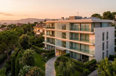 Résidence moderne de luxe entourée de jardins à Barcelone au coucher du soleil.