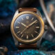 Montre automatique avec cadran marron, lunette dorée et bracelet en cuir, posée sur un tissu bleu brillant.