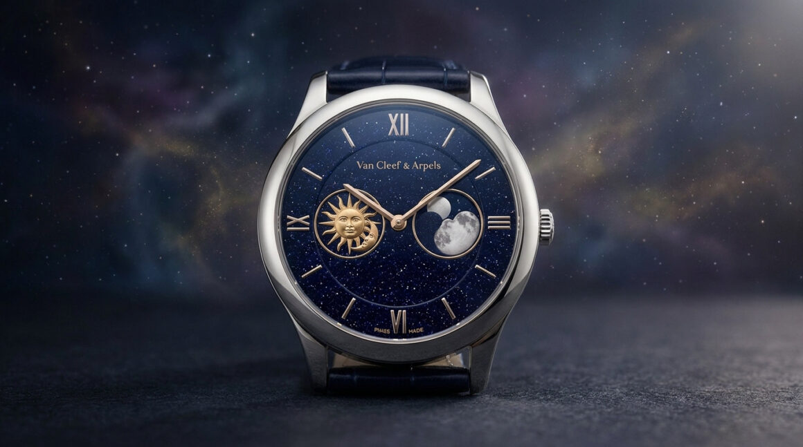 Montre de luxe Midnight Jour Nuit de Van Cleef & Arpels sur fond de nébuleuse étoilée.