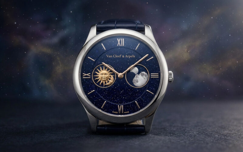 Montre de luxe Midnight Jour Nuit de Van Cleef & Arpels sur fond de nébuleuse étoilée.