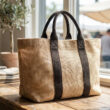 Sac cabas en toile de jute naturelle avec des anses marron foncé posé sur une table en bois devant une fenêtre.