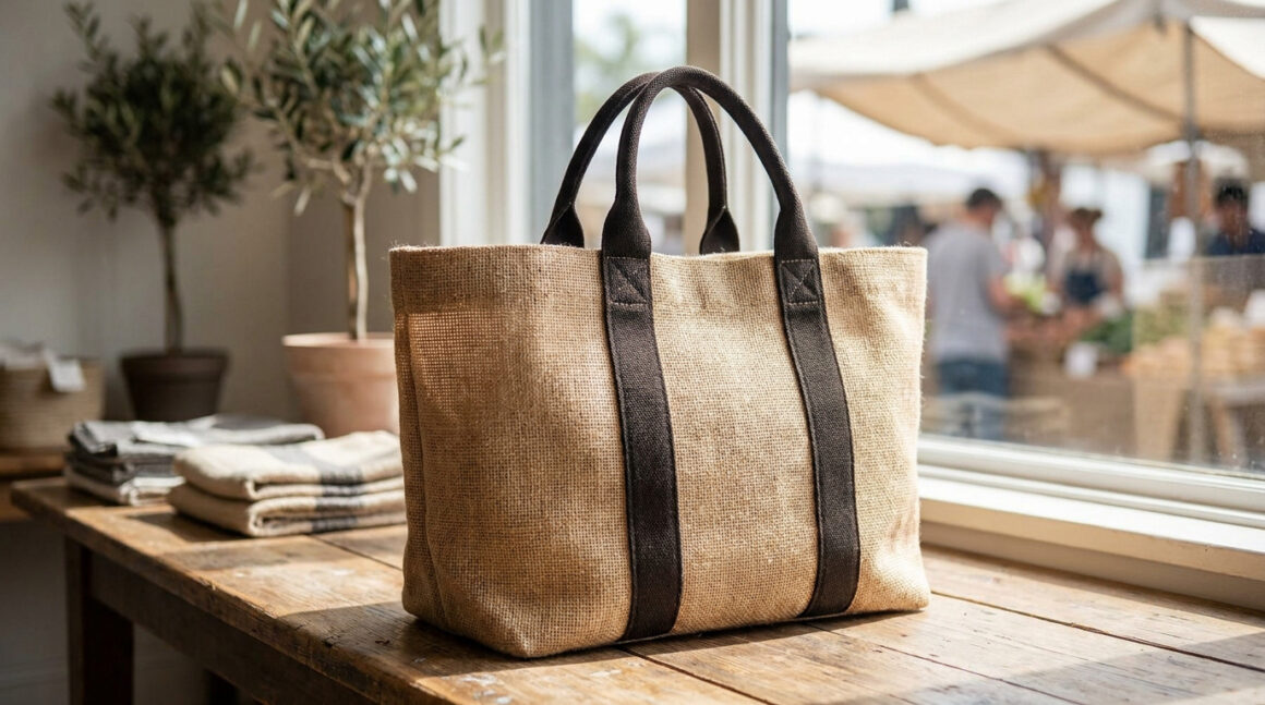 Sac cabas en toile de jute naturelle avec des anses marron foncé posé sur une table en bois devant une fenêtre.