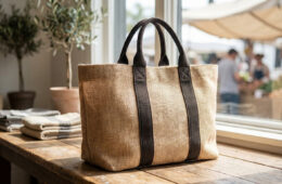 Sac cabas en toile de jute naturelle avec des anses marron foncé posé sur une table en bois devant une fenêtre.