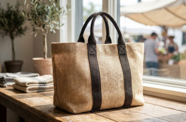 Sac cabas en toile de jute naturelle avec des anses marron foncé posé sur une table en bois devant une fenêtre.