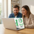 Un couple souriant consulte un ordinateur portable affichant des graphiques financiers positifs et un score de crédit élevé.