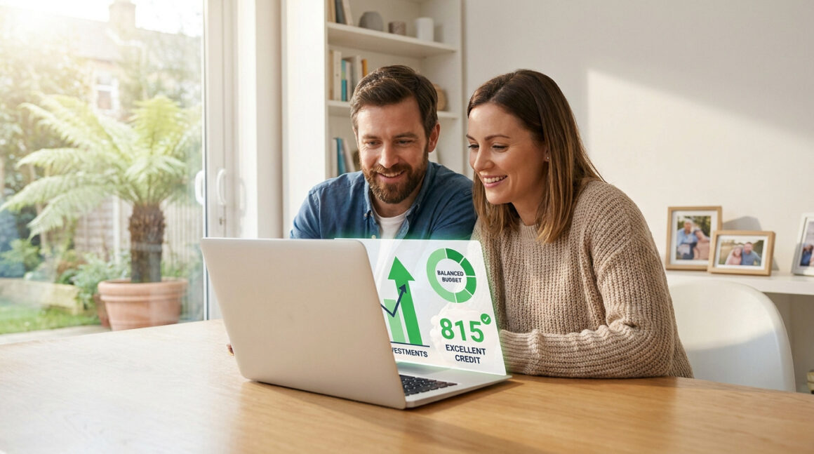 Un couple souriant consulte un ordinateur portable affichant des graphiques financiers positifs et un score de crédit élevé.