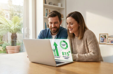 Un couple souriant consulte un ordinateur portable affichant des graphiques financiers positifs et un score de crédit élevé.