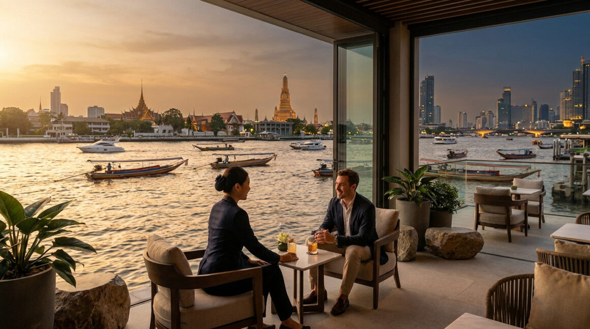 Un couple en discussion sur la terrasse du Capella Bangkok face au fleuve Chao Phraya au coucher du soleil.