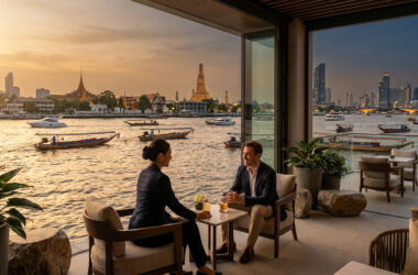 Un couple en discussion sur la terrasse du Capella Bangkok face au fleuve Chao Phraya au coucher du soleil.