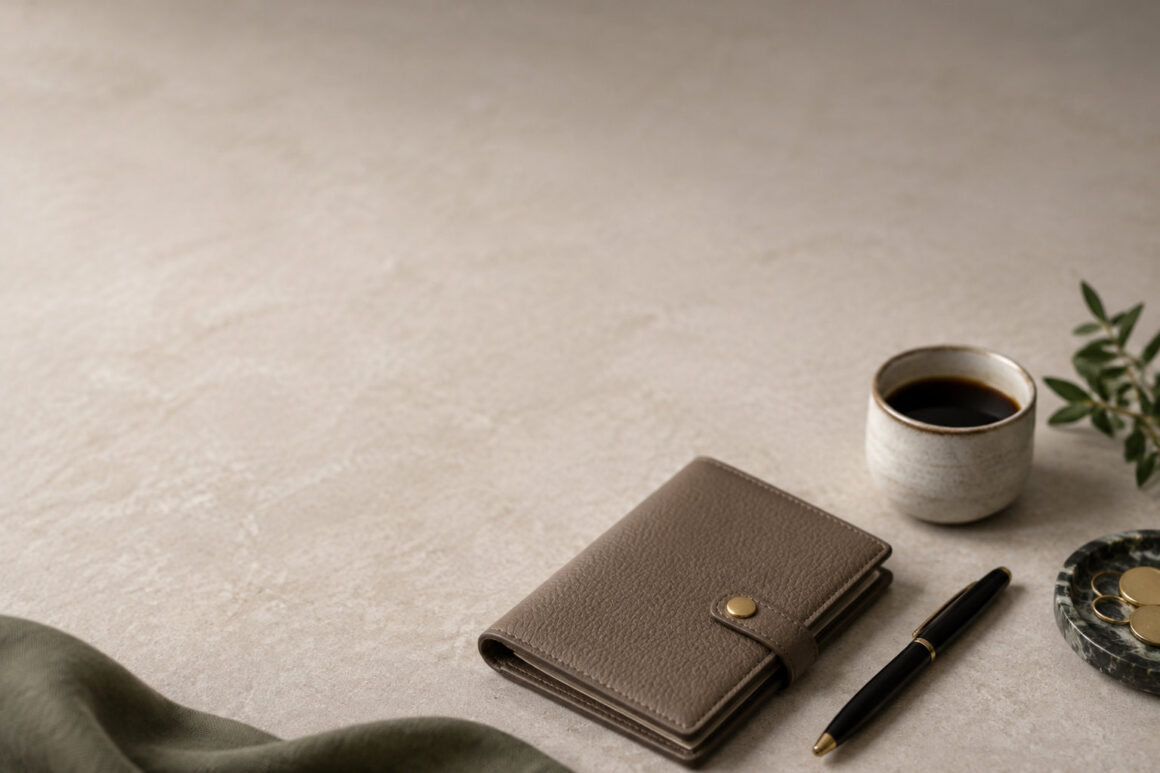 Un portefeuille en cuir beige, un stylo et une tasse de café sur une table en pierre claire pour un style minimaliste.