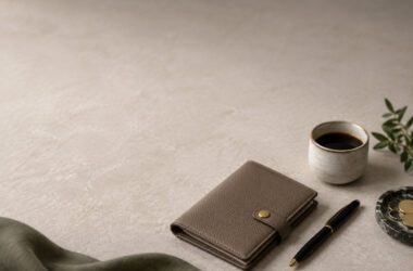 Un portefeuille en cuir beige, un stylo et une tasse de café sur une table en pierre claire pour un style minimaliste.