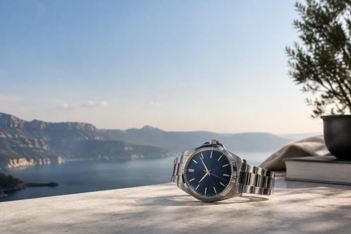 Une montre Zenith avec cadran bleu posée sur une terrasse surplombant la mer et des montagnes sous un ciel ensoleillé.
