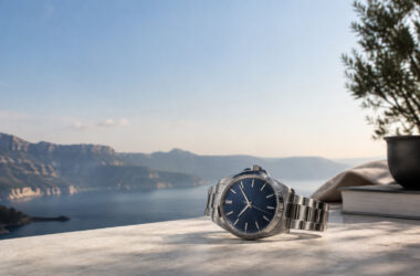 Une montre Zenith avec cadran bleu posée sur une terrasse surplombant la mer et des montagnes sous un ciel ensoleillé.