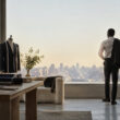 Un homme élégant contemple la ville depuis un atelier de tailleur moderne avec des costumes sur cintre.