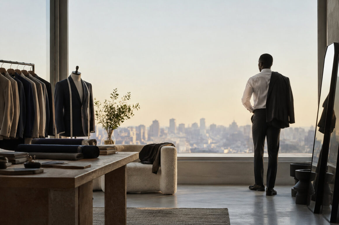 Un homme élégant contemple la ville depuis un atelier de tailleur moderne avec des costumes sur cintre.