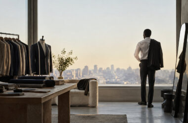 Un homme élégant contemple la ville depuis un atelier de tailleur moderne avec des costumes sur cintre.