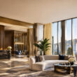 Lobby luxueux avec canapé incurvé, vue panoramique sur le Mont-Royal et décoration raffinée aux tons dorés.