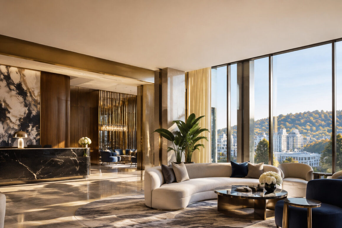 Lobby luxueux avec canapé incurvé, vue panoramique sur le Mont-Royal et décoration raffinée aux tons dorés.
