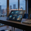 Tablette sur un bureau de luxe affichant des plans architecturaux 3D devant une vue panoramique de Miami au crépuscule.