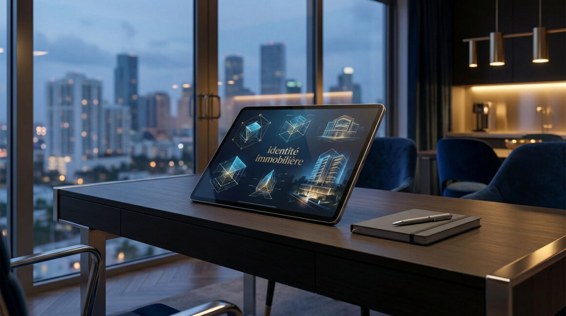 Tablette sur un bureau de luxe affichant des plans architecturaux 3D devant une vue panoramique de Miami au crépuscule.