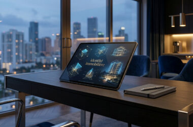 Tablette sur un bureau de luxe affichant des plans architecturaux 3D devant une vue panoramique de Miami au crépuscule.