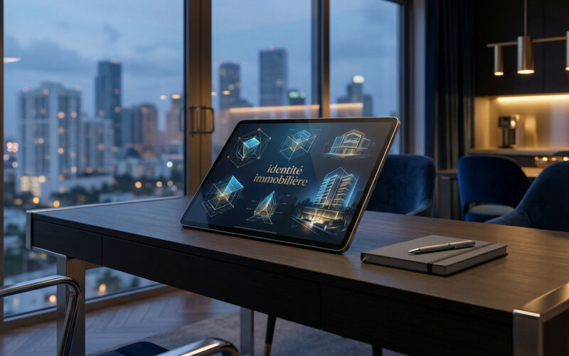 Tablette sur un bureau de luxe affichant des plans architecturaux 3D devant une vue panoramique de Miami au crépuscule.